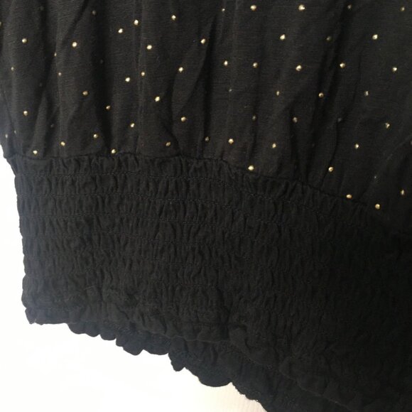 Shirt Women Large Black Gold Polka Dot Smocked Hem Stretch Como Blu - Picture 4 of 7